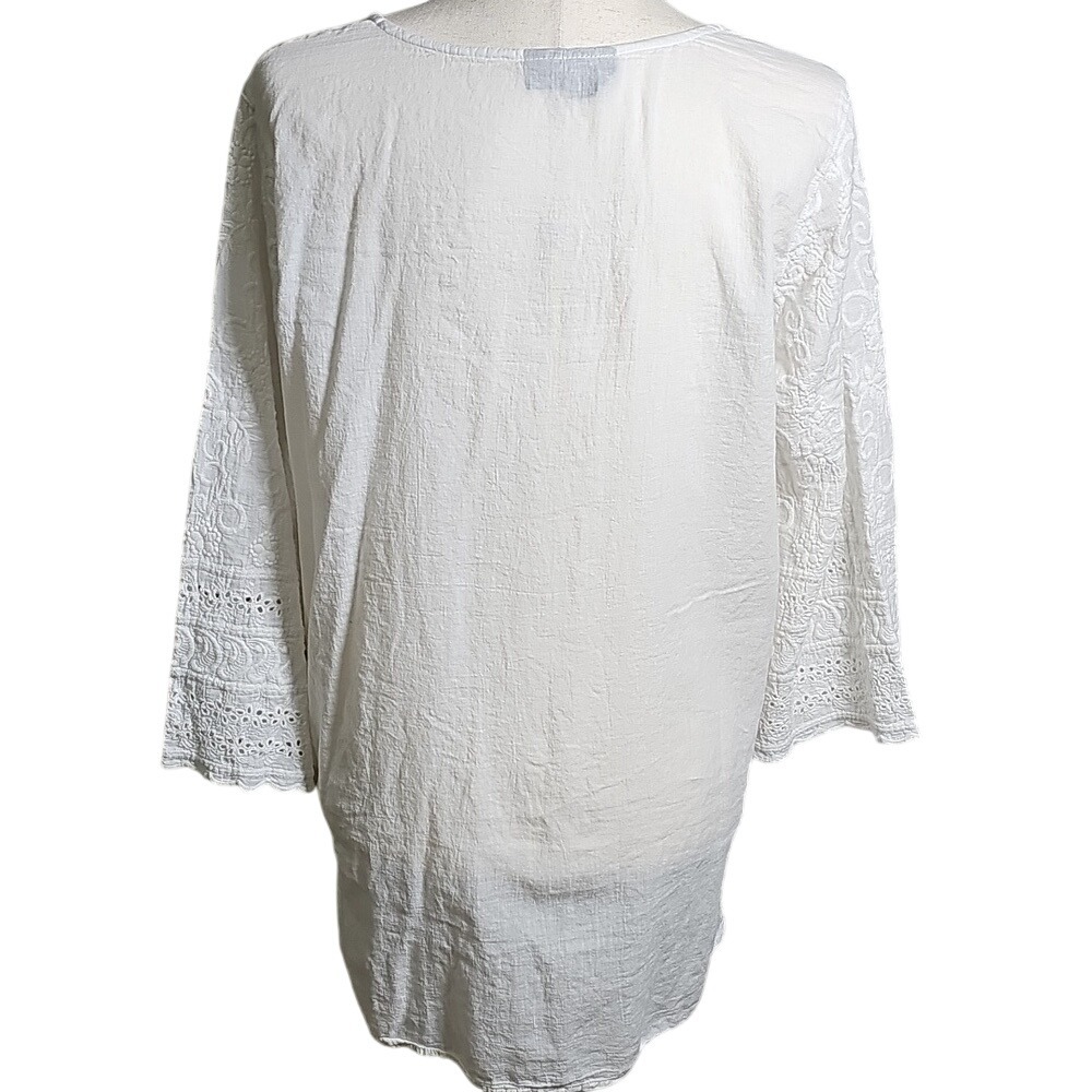 White Embroidered V-Neck Long Length Tunic Side Slits Women's Top Eyelete L - Picture 4 of 9